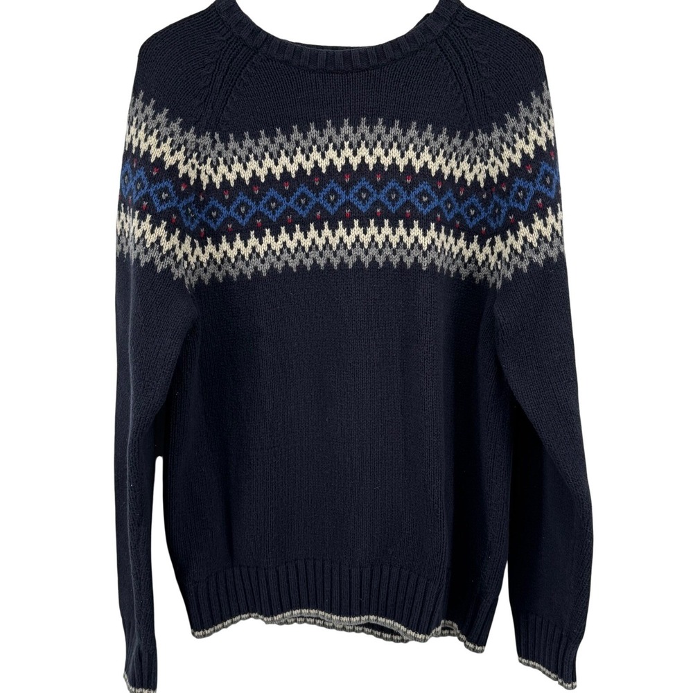 American Eagle Mens Fair Isle Nordic Chunky Sweater Navy Blue Sz L Cabincore